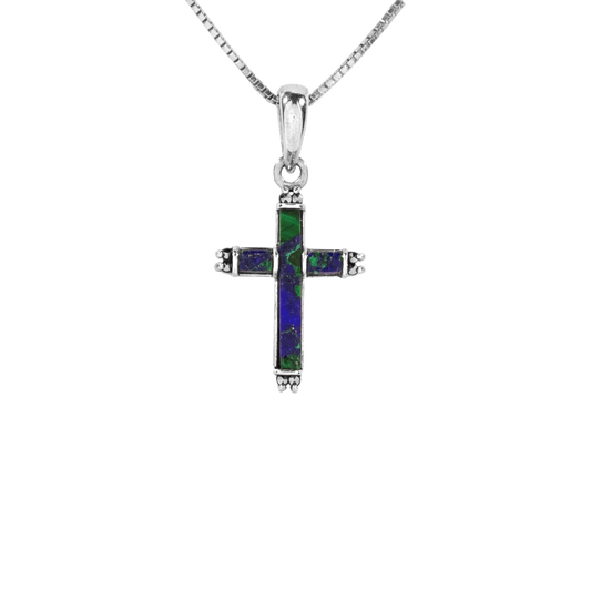 Eilat Stone Cross Necklace with Marcasite Crystals at each end of the cross on a Sterling Silver Chain.