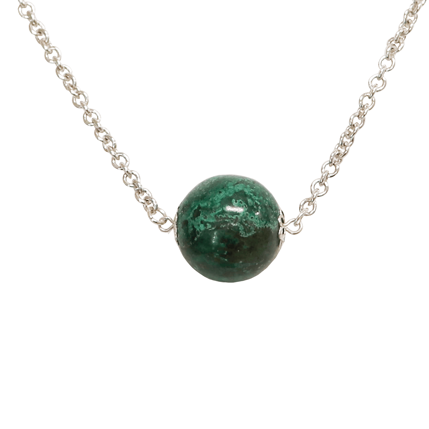 Eilat stone necklace with a beautiful large Eilat stone bead suspended on both sides by a cable link chain made of sterling silver with rhodium