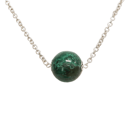 Eilat stone necklace with a beautiful large Eilat stone bead suspended on both sides by a cable link chain made of sterling silver with rhodium