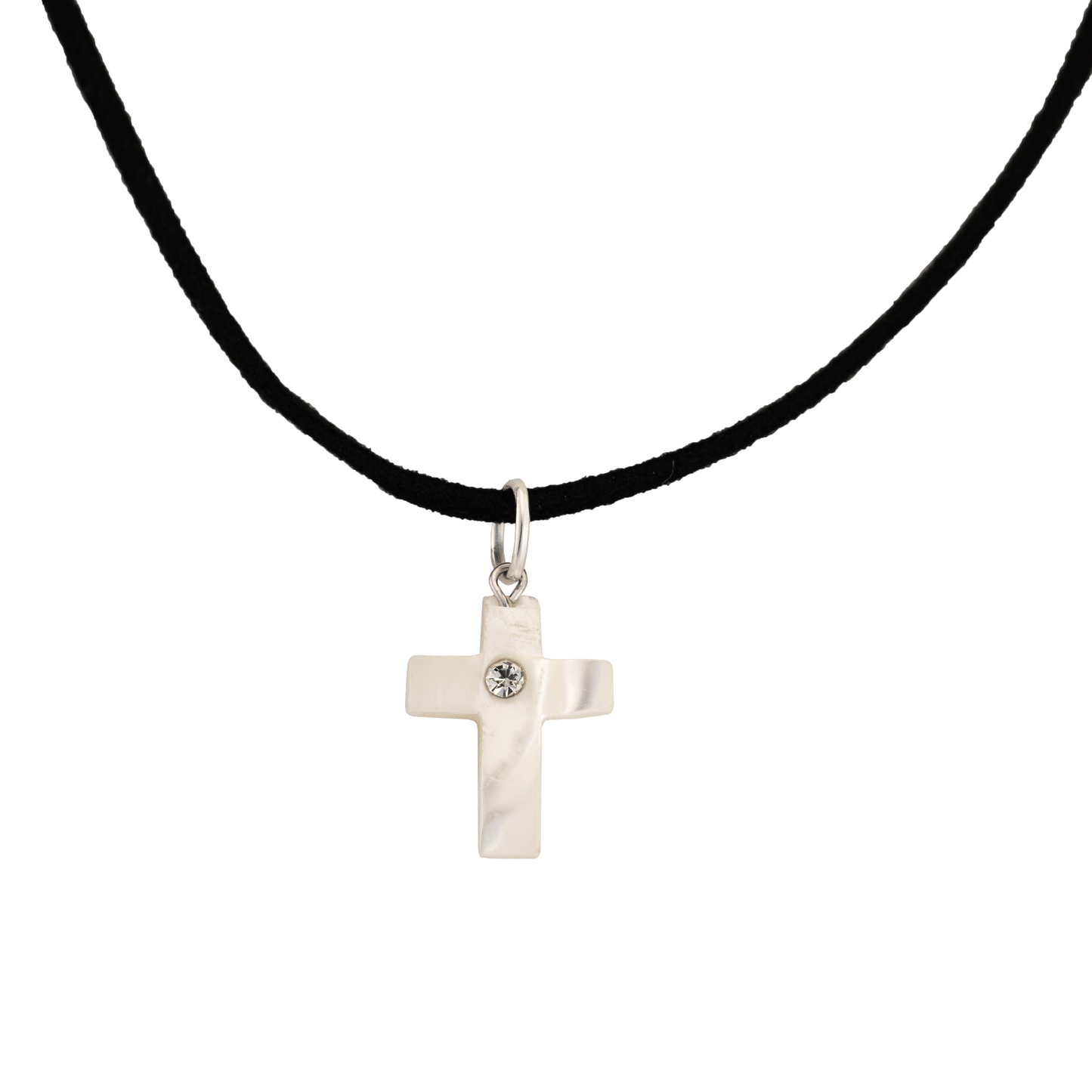 Mother of pearl carved cross pendant and gem in the center with silver bail on black cord