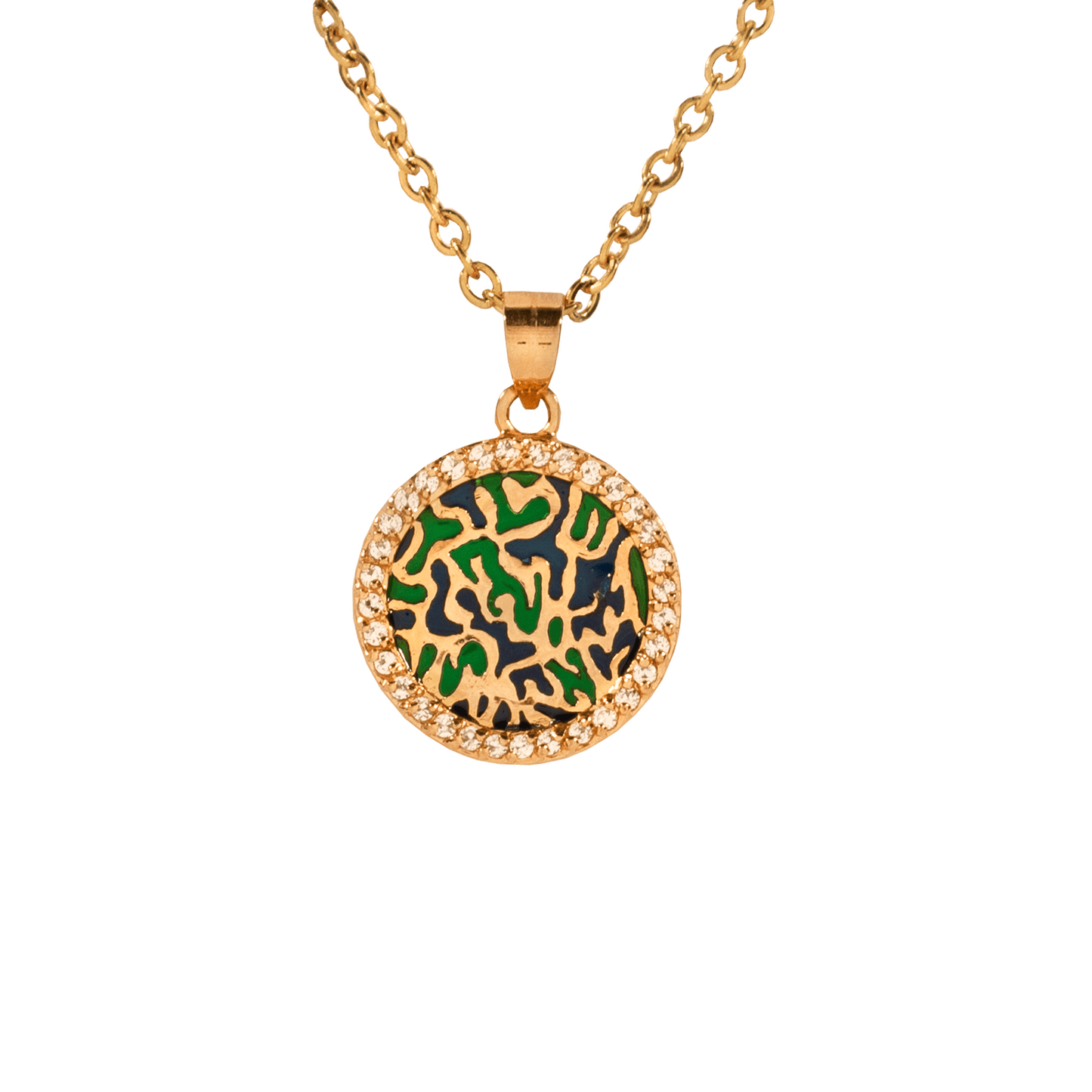 Eilat Stone Encased in a Gold Plated disc edged with crystals