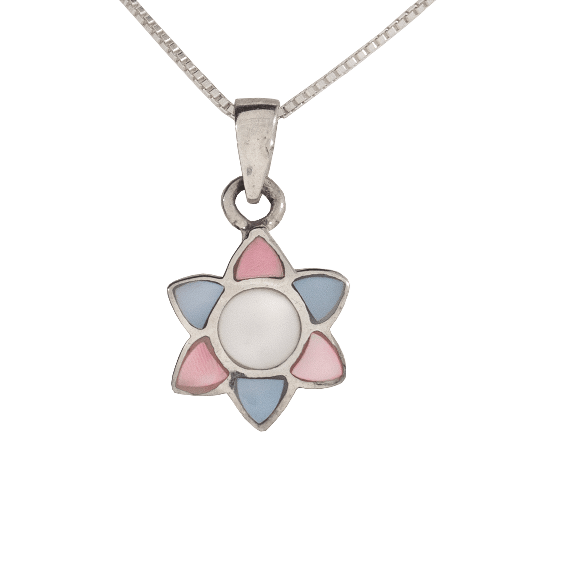 Mother of Pearl Flower Pendant NEcklace alternating Pastel Blue and Pink Petals white center on sterling silver chain