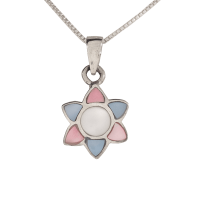 Mother of Pearl Flower Pendant NEcklace alternating Pastel Blue and Pink Petals white center on sterling silver chain