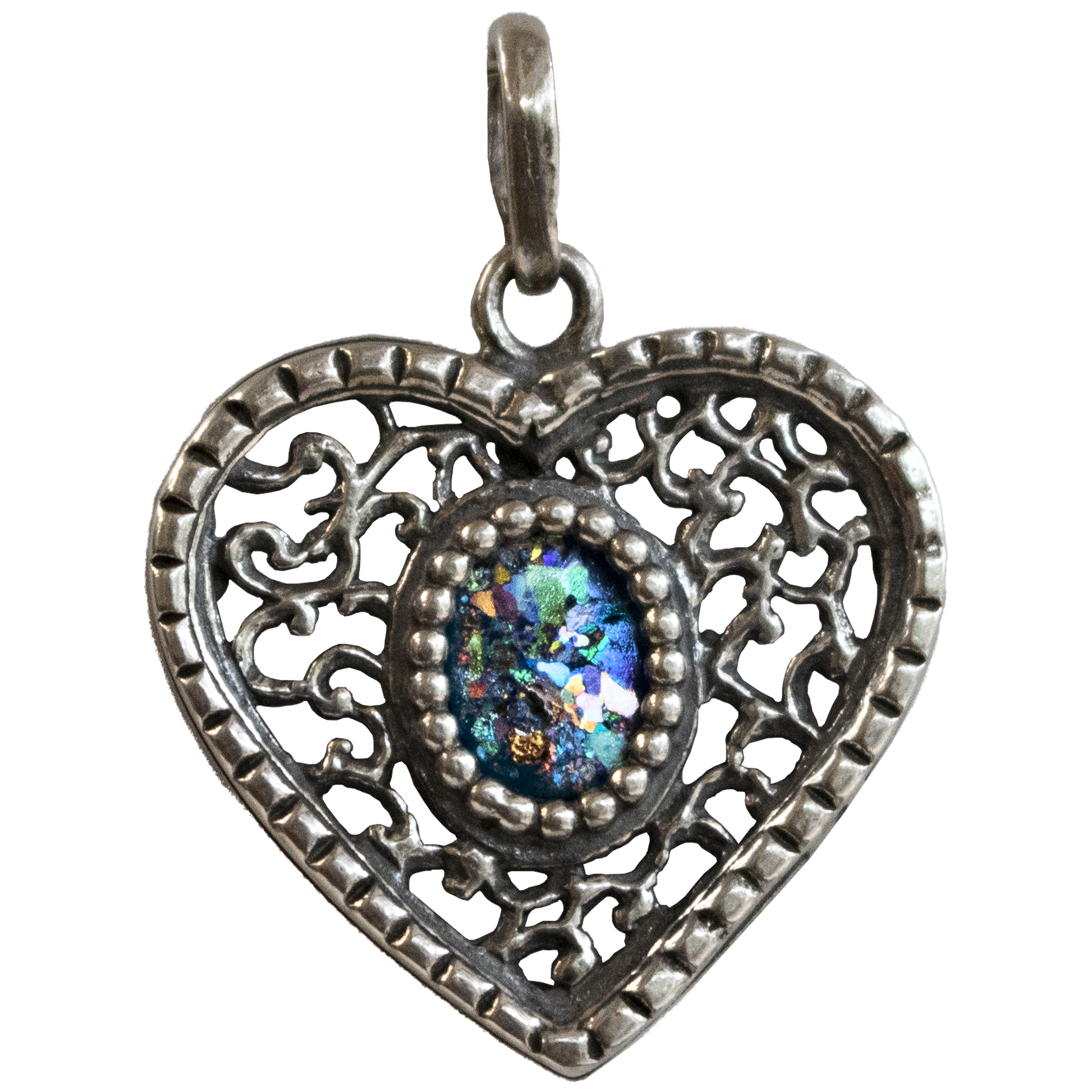 Sterling Silver Roman Glass Heart Necklace Pendant colorful 