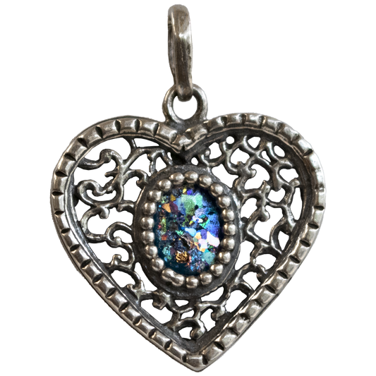 Sterling Silver Roman Glass Heart Necklace Pendant colorful 
