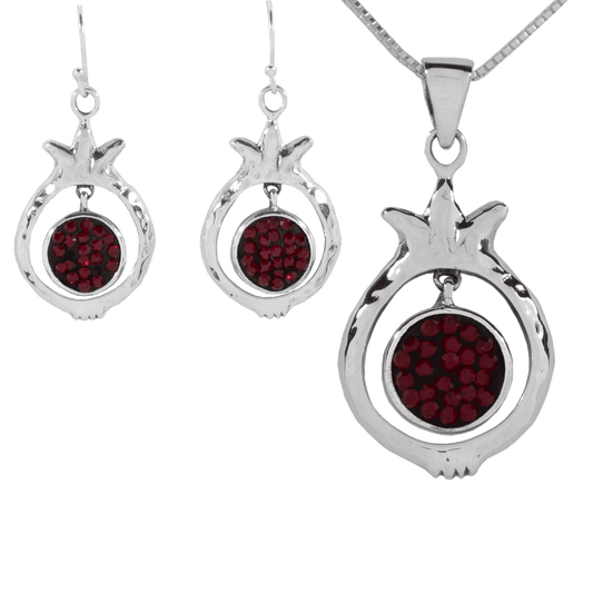 Sterling Silver Pomegranate earrings and necklace set with Red Swarovski Crystals