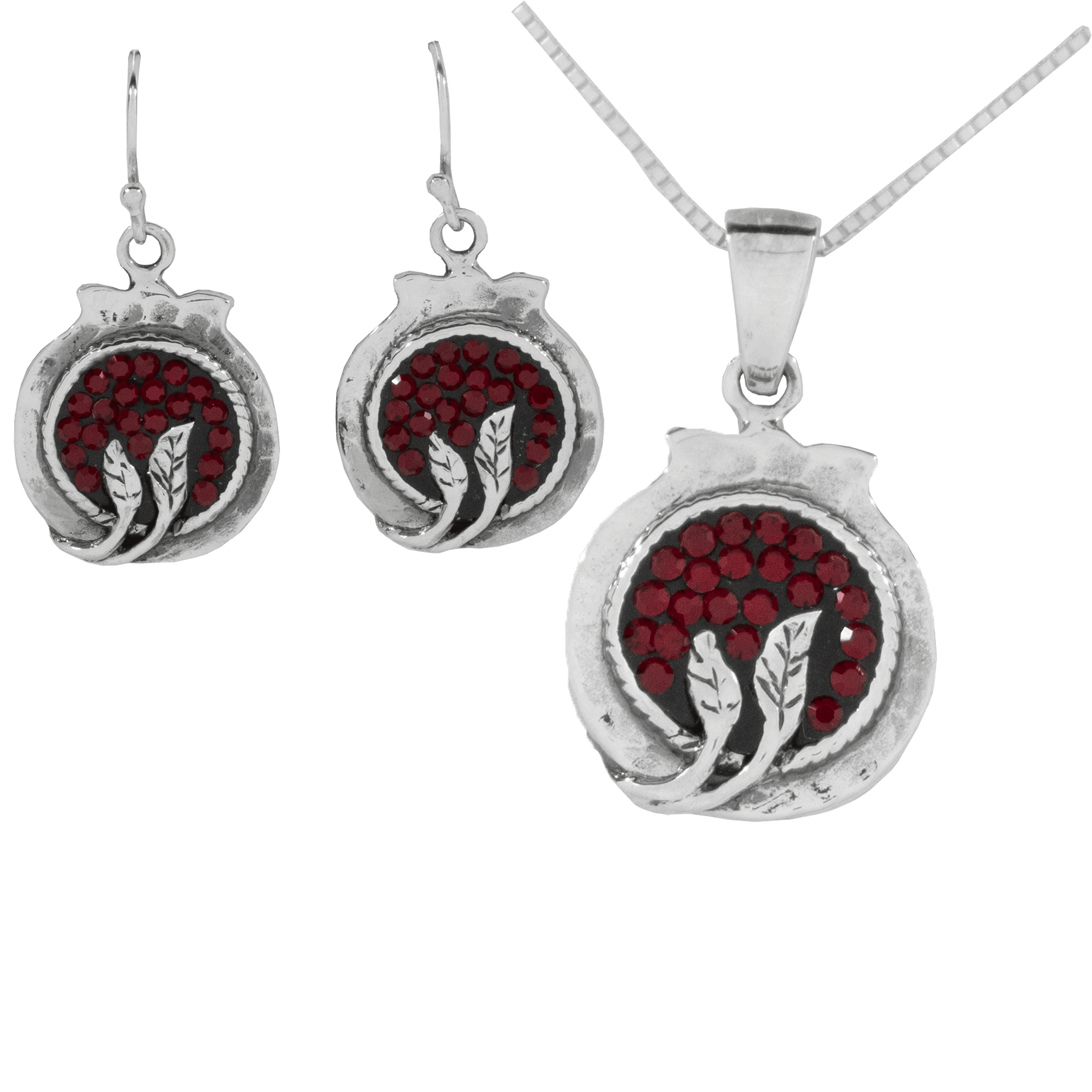 Sterling Silver Pomegranate Pendant and Earring Set with red Swaravski Crystals and decorative leaves at the bottom