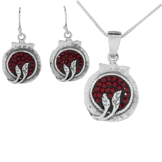Sterling Silver Pomegranate Pendant and Earring Set with red Swaravski Crystals and decorative leaves at the bottom