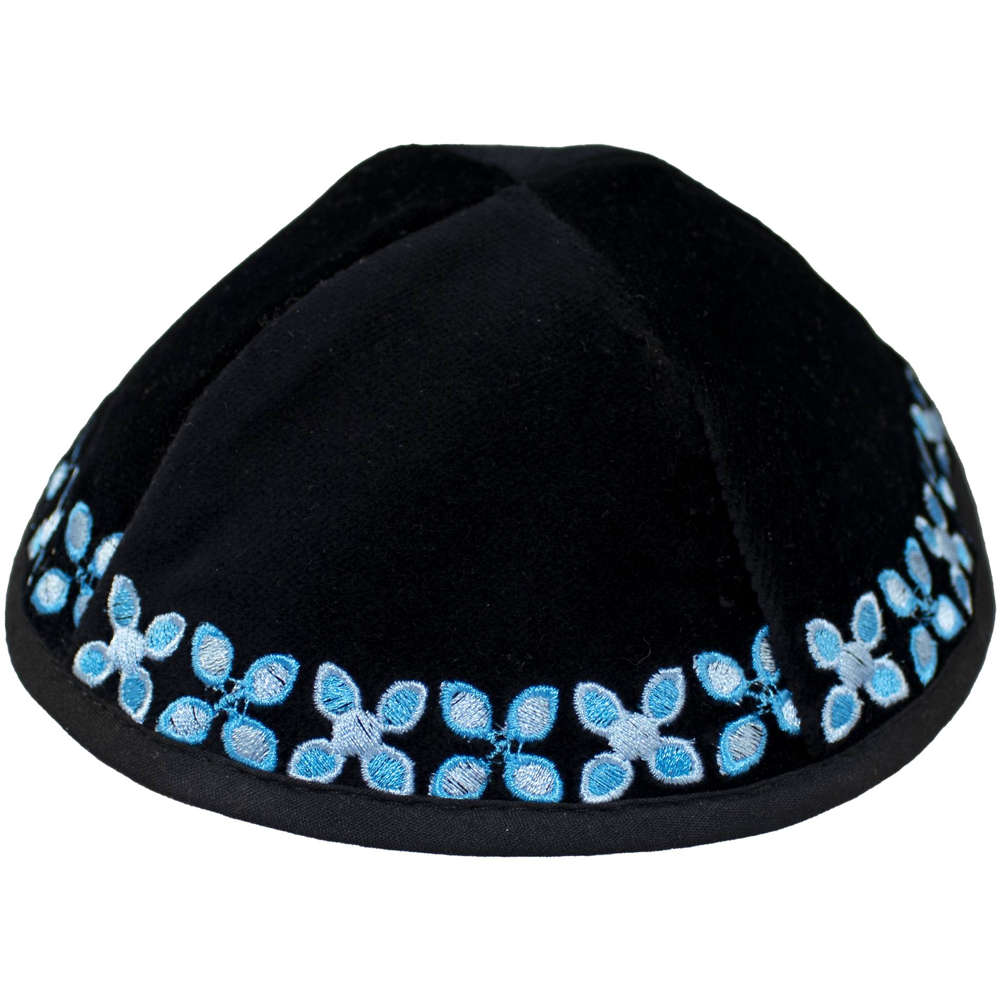 Black Velvet Kippah with dual toned blue 4 petal floral pattern circumferencing the bottom edge