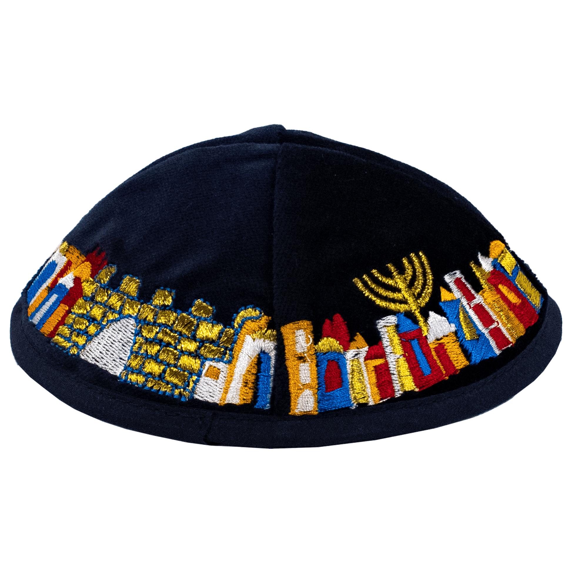 Navy Velvet Kippah with embroidered city of Jerusalem along the edges