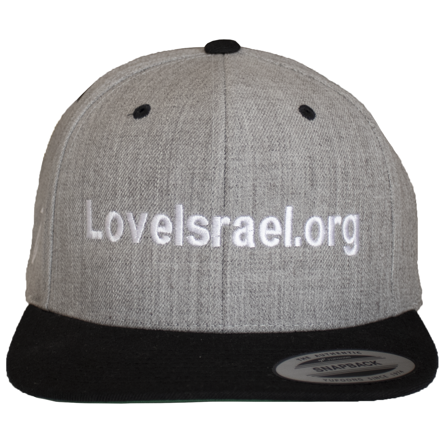 Grey & black flat brim, snapback hat w/ green underbill & white grafted in & love Israel embroidery