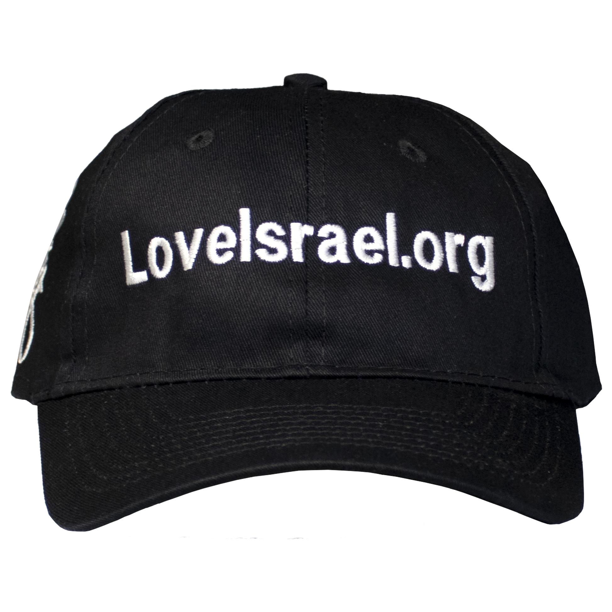 black baseball hat, adjustable velcro w/ white grafted in & love Israel embroidery