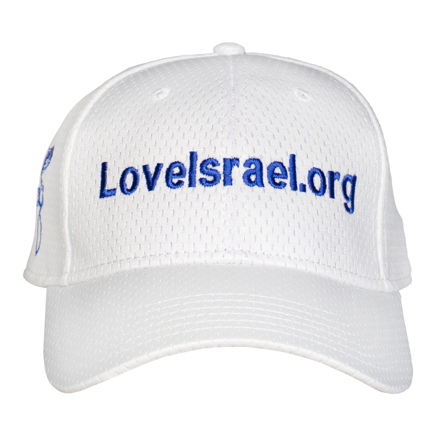White baseball hat, adjustable velcro w/ blue grafted in & love Israel embroidery