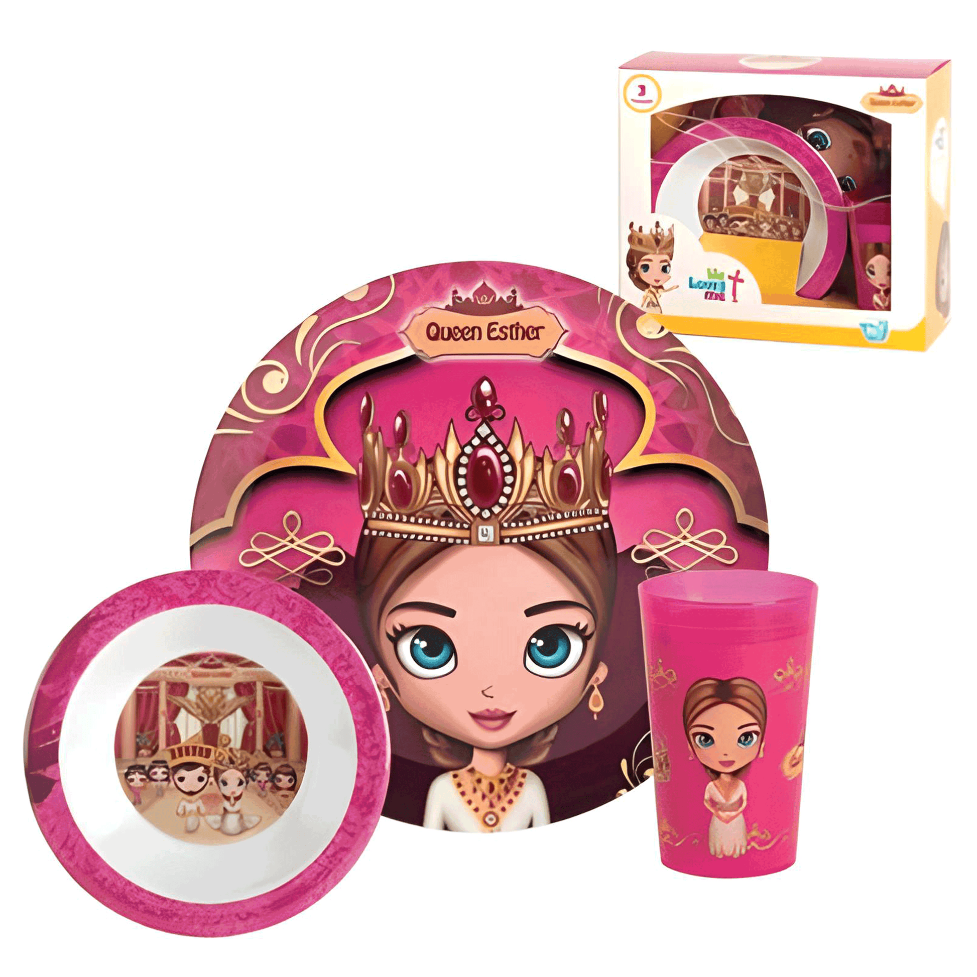 Children's toy dish set with queen Esther theme 