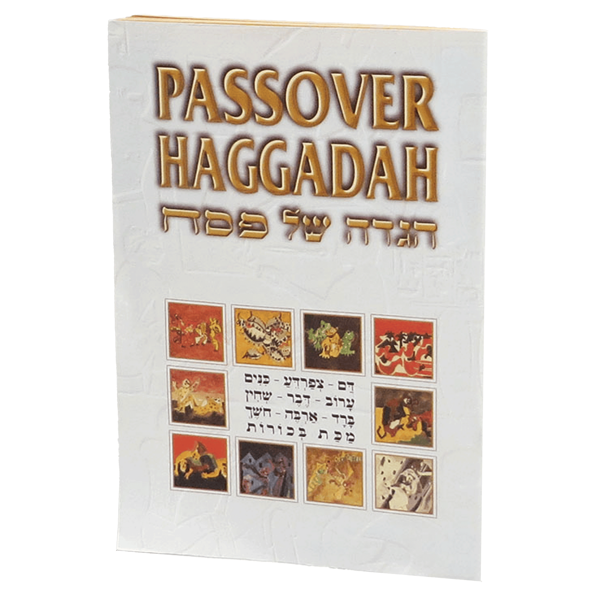 passover Haggadah soft cover book front cover with hebrew writing and ancient images 