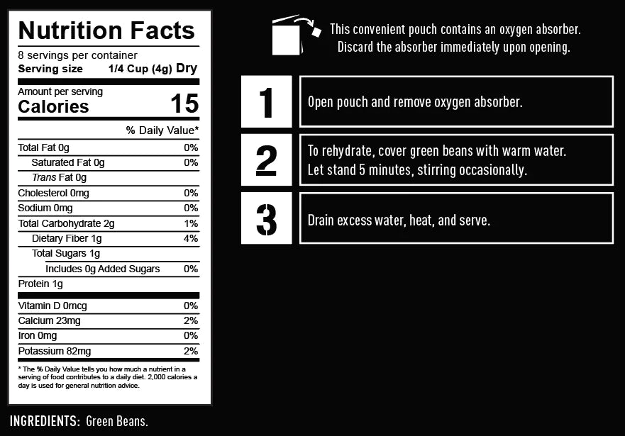 ready hour freeze dried green beans nutritional information and directions 