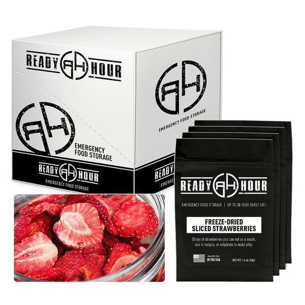 ready hour freeze dried strawberries case pack individual pack black and glass dish with strawberries inside 