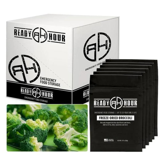 ready hour freeze dried broccoli case pack individual pack black and broccoli on green background 