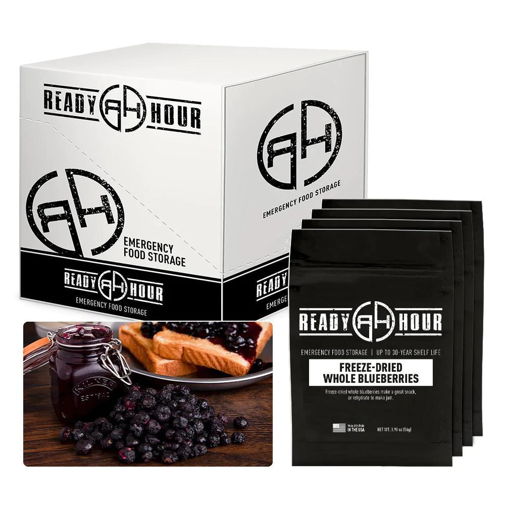 ready hour freeze dried blueberries case pack individual pack black and blueberry jam on toast and in jar 