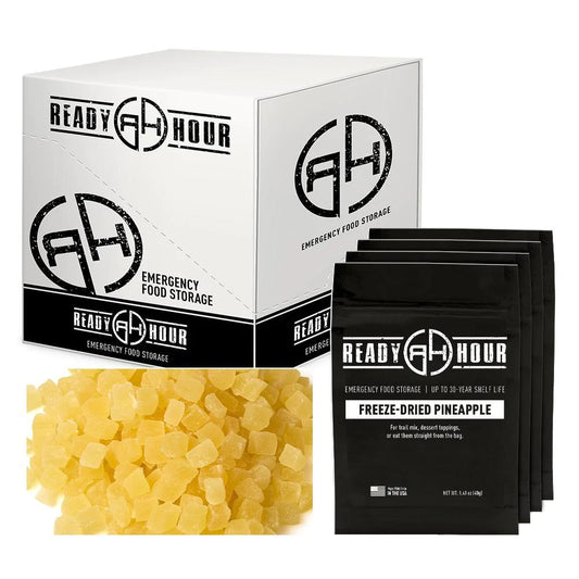 ready hour freeze dried pineapple case pack individual pack and pile of freeze dried pineapple 