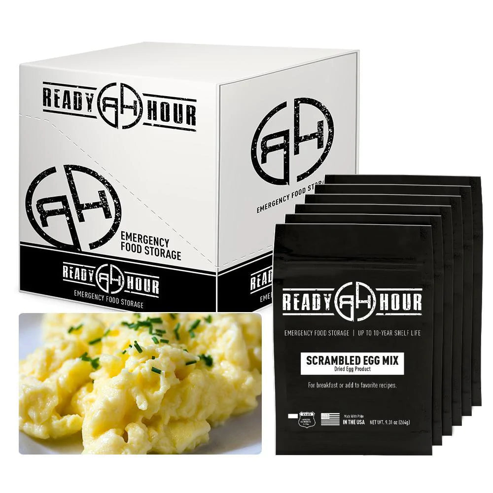 ready hour scrambled egg mix case pack individual pack black scrambled eggs on white plate with chives on top