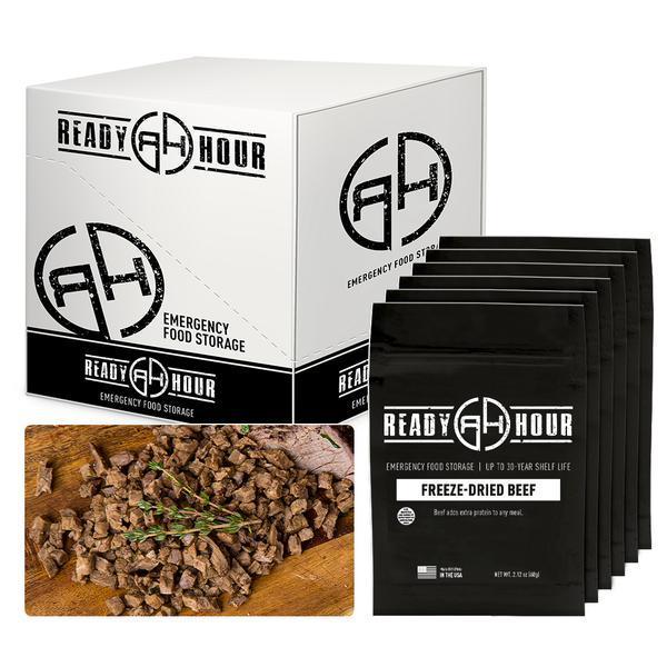 ready hour freeze dried beef case pack individual pack black and diced beef on wooden cutting board 