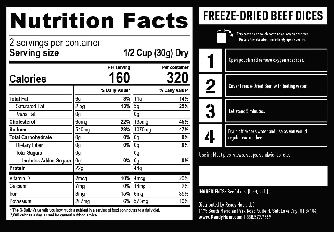 ready hour freeze dried beef dices nutritional information and directions 