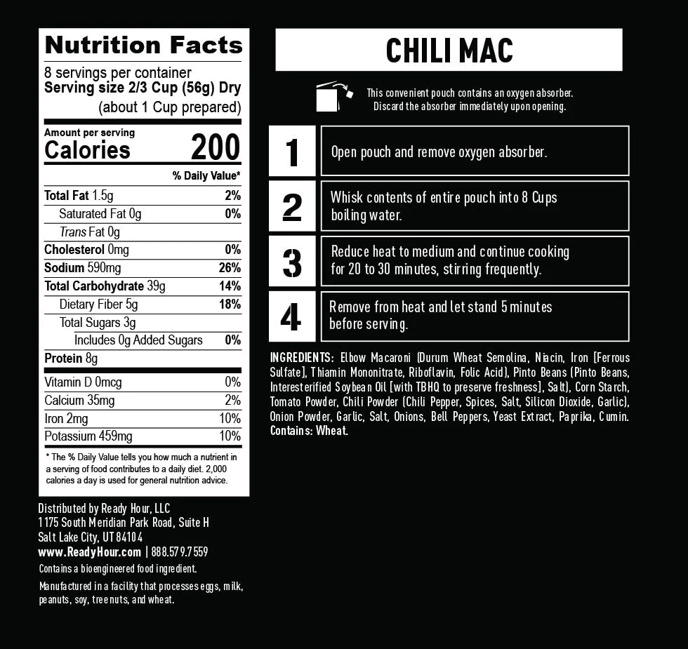 ready hour chili mac nutritional information and directions 