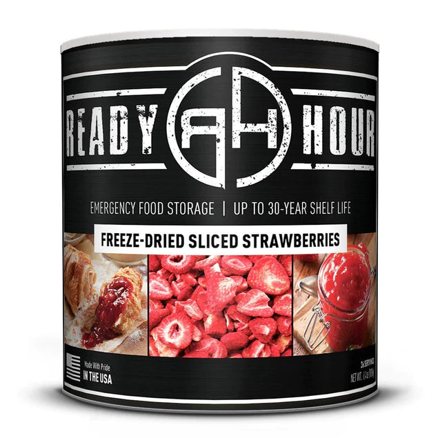 ready hour #10 can freeze dried sliced strawberries black cover featuring dried strawberries and strawberry jam images 
