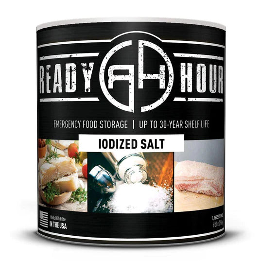 ready hour #10 can iodized salt black cover featuring spilling salt and two images of salt rubs on chicken 