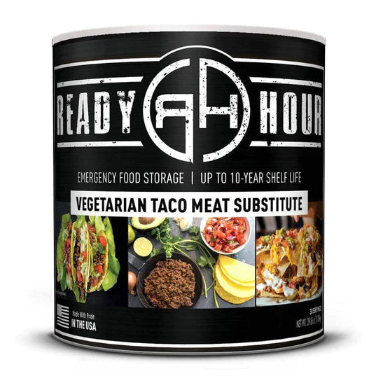 ready hour #10 can vegetarian taco meat substitute black cover featuring different uses for taco meat  