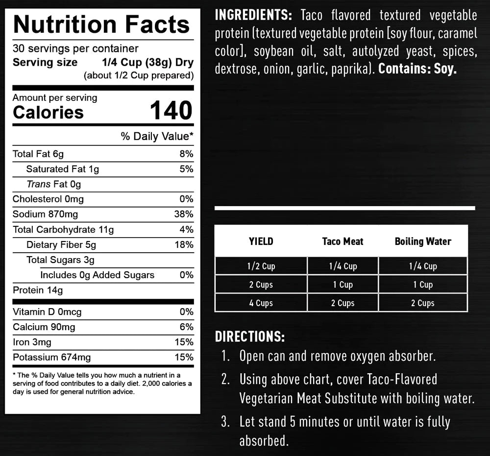 ready hour #10 can vegetarian taco meat substitute nutritional information and directions 