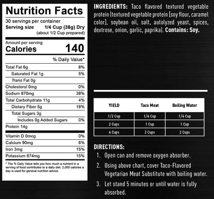 ready hour #10 can vegetarian taco meat substitute nutritional information and directions 