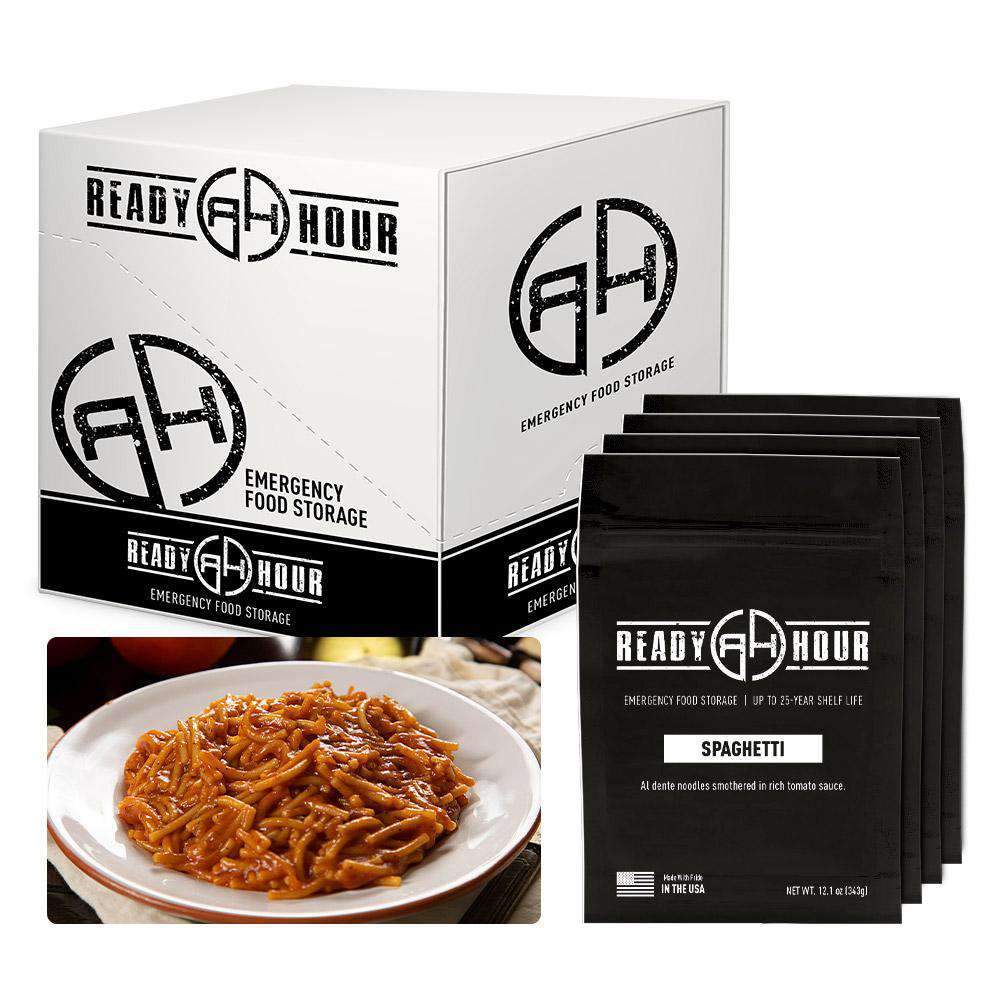 ready hour spaghetti case pack individual pack black and spaghetti with sauce in white bowl 