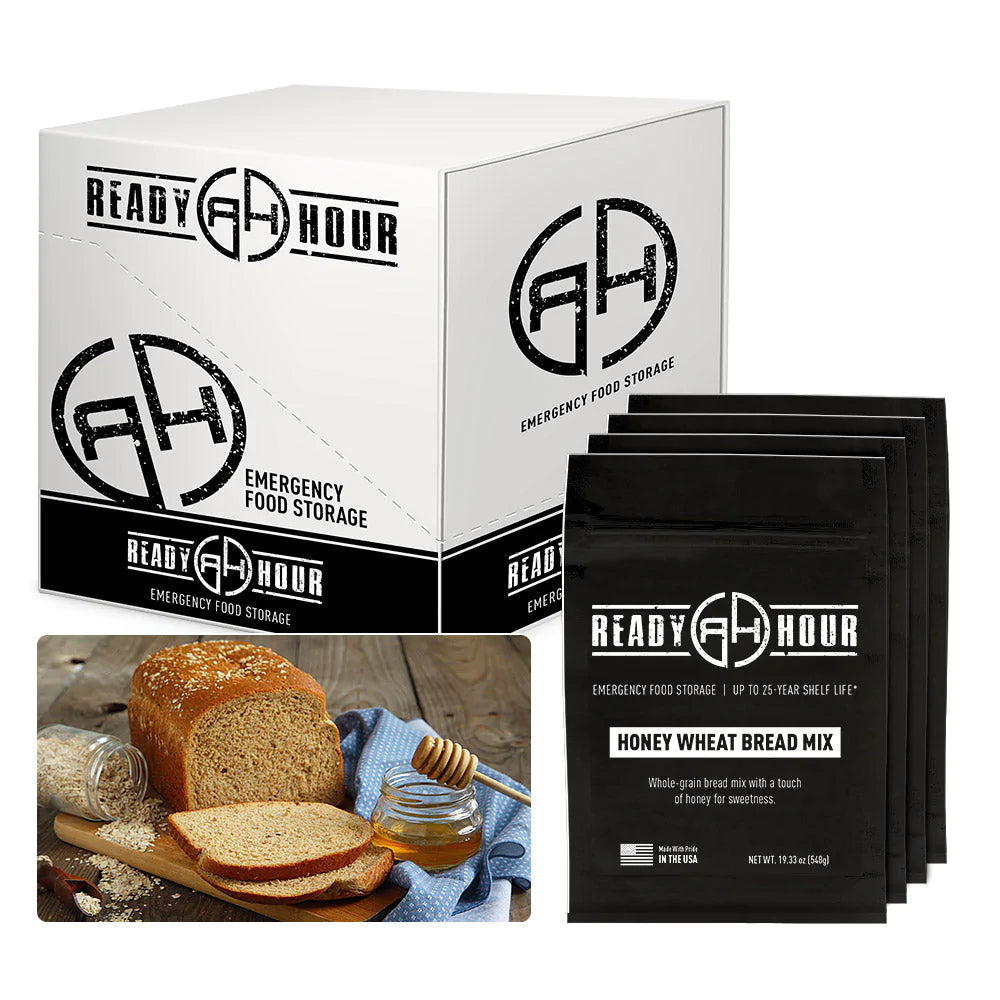 ready hour honey wheat bread mix case pack individual pack black and loaf of bread with honey and oats on either side 