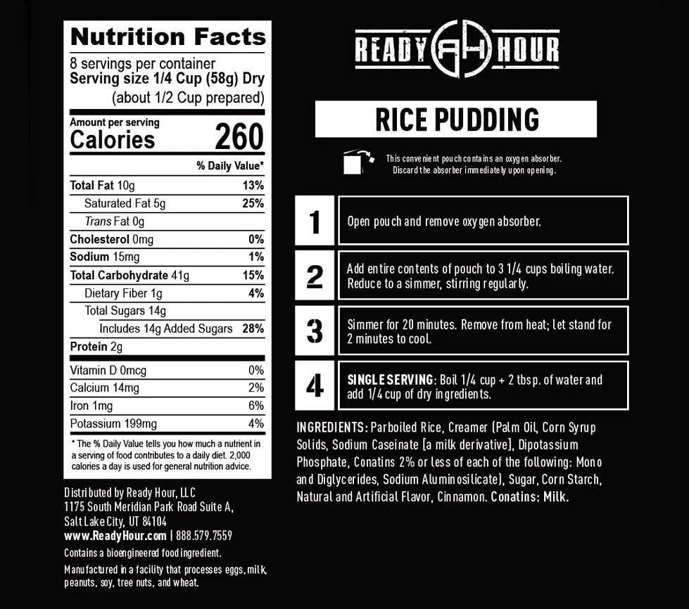 ready hour rice pudding nutritional information and directions