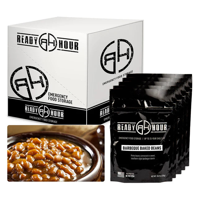 ready hour barbeque baked beans case pack individual pack black and cooked baked beans in brown dish
