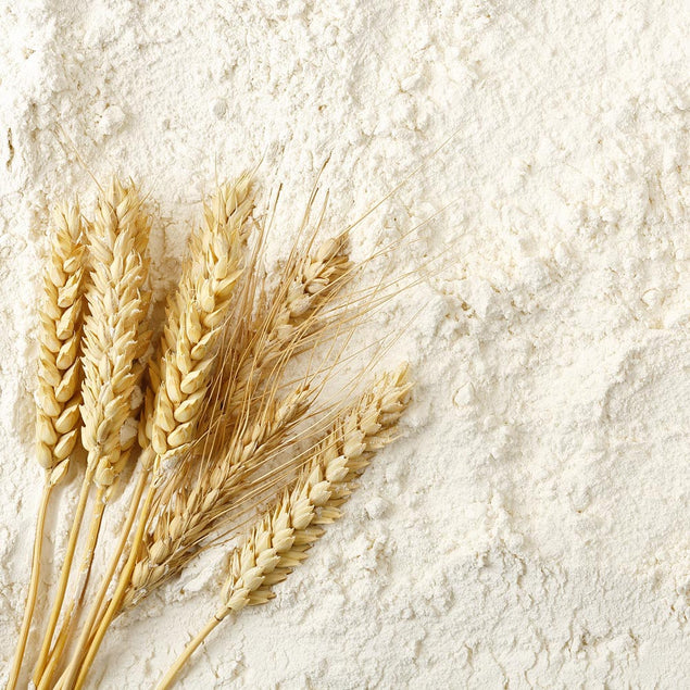 white flour background with grains of flour on top