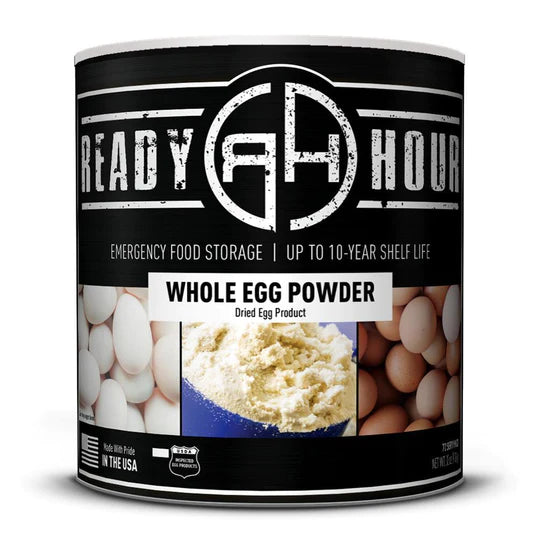 ready hour #10 can whole egg powder black cover featuring two images of whole eggs and one image of egg powder 