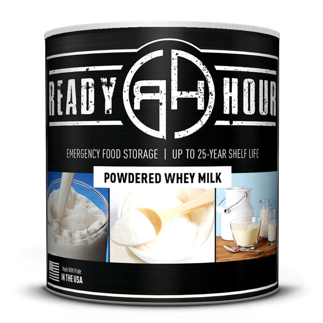 ready hour #10 can powdered whey milk black featuring milk being pored into glass whey powder and multiple glasses of milk on cover 