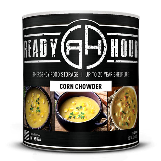 ready hour #10 can corn chowder black with corn chowder in different bowls on cover 