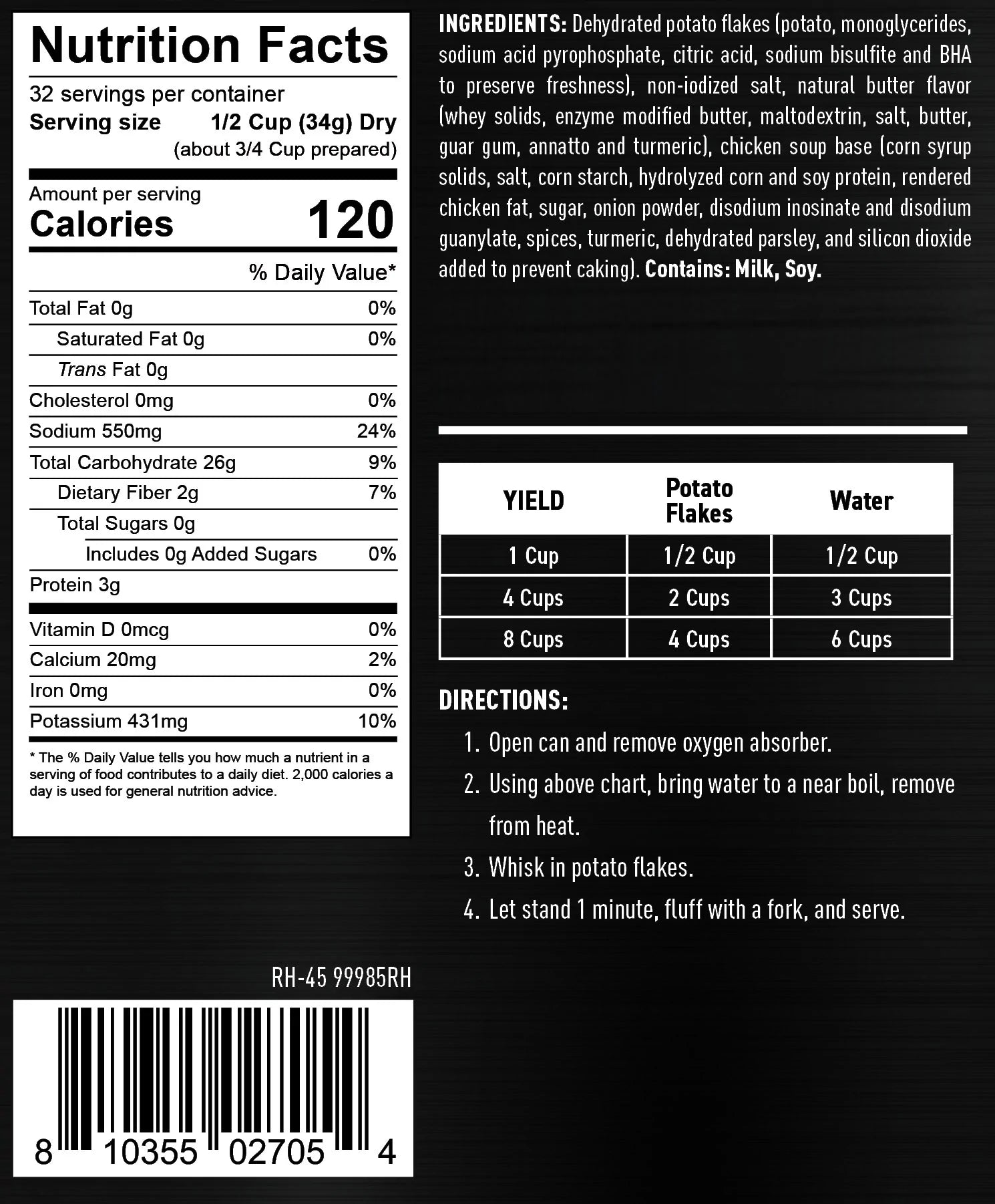 ready hour #10 can mashed potatoes nutritional information and directions 