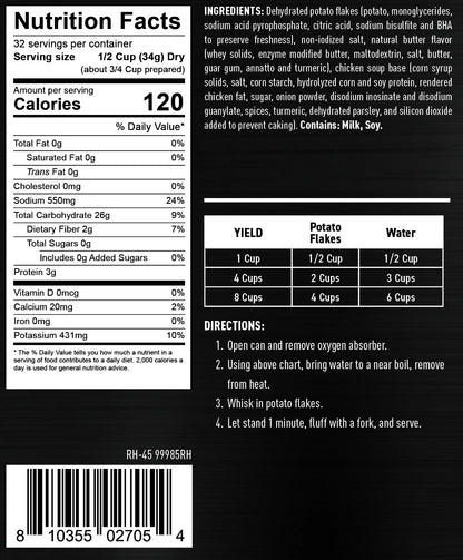 ready hour #10 can mashed potatoes nutritional information and directions 