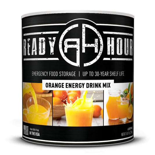 ready hour #10 can orange energy drink mix black with three different images of orange energy drink in glass 