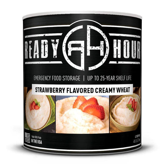 ready hour #10 can strawberry flavored creamy wheat black with up close image of product and two different bowls of product on cover 