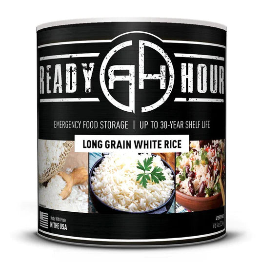 ready hour #10 can long grain white rice black featuring white rice in multiple bowls on cover 