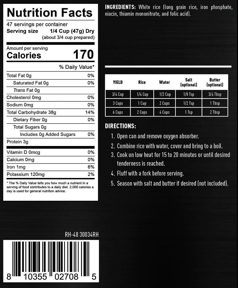 ready hour #10 can long grain white rice nutritional information and directions 
