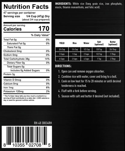 ready hour #10 can long grain white rice nutritional information and directions 