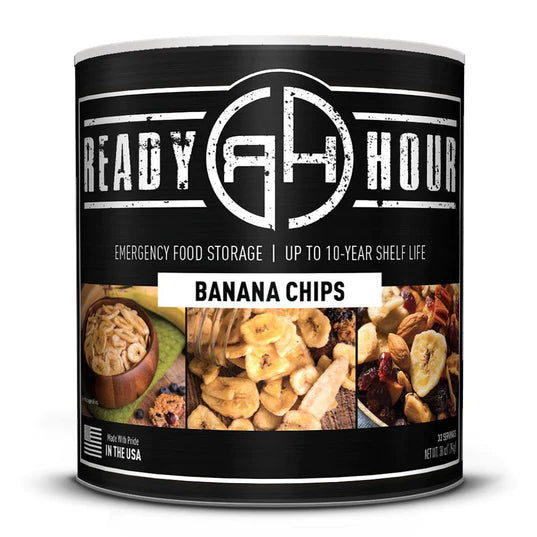 ready hour #10 can banana chips black with up close banana chips and banana chips in wooden bowl on cover 