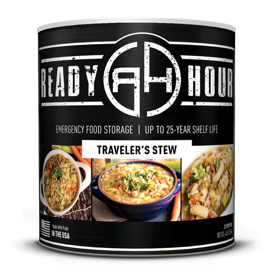 ready hour #10 can traveler's stew black with stew in three different bowls on cover 